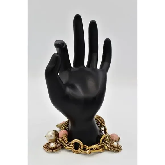 Carolee Vintage Charm Locket Bracelet Antiqued Gold Pink Floral Signed 80s BinBR - Picture 9 of 12